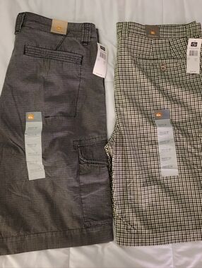 Quiksilver Men's Cargo Shorts Pair - Gray and Beige Plaid Bundle